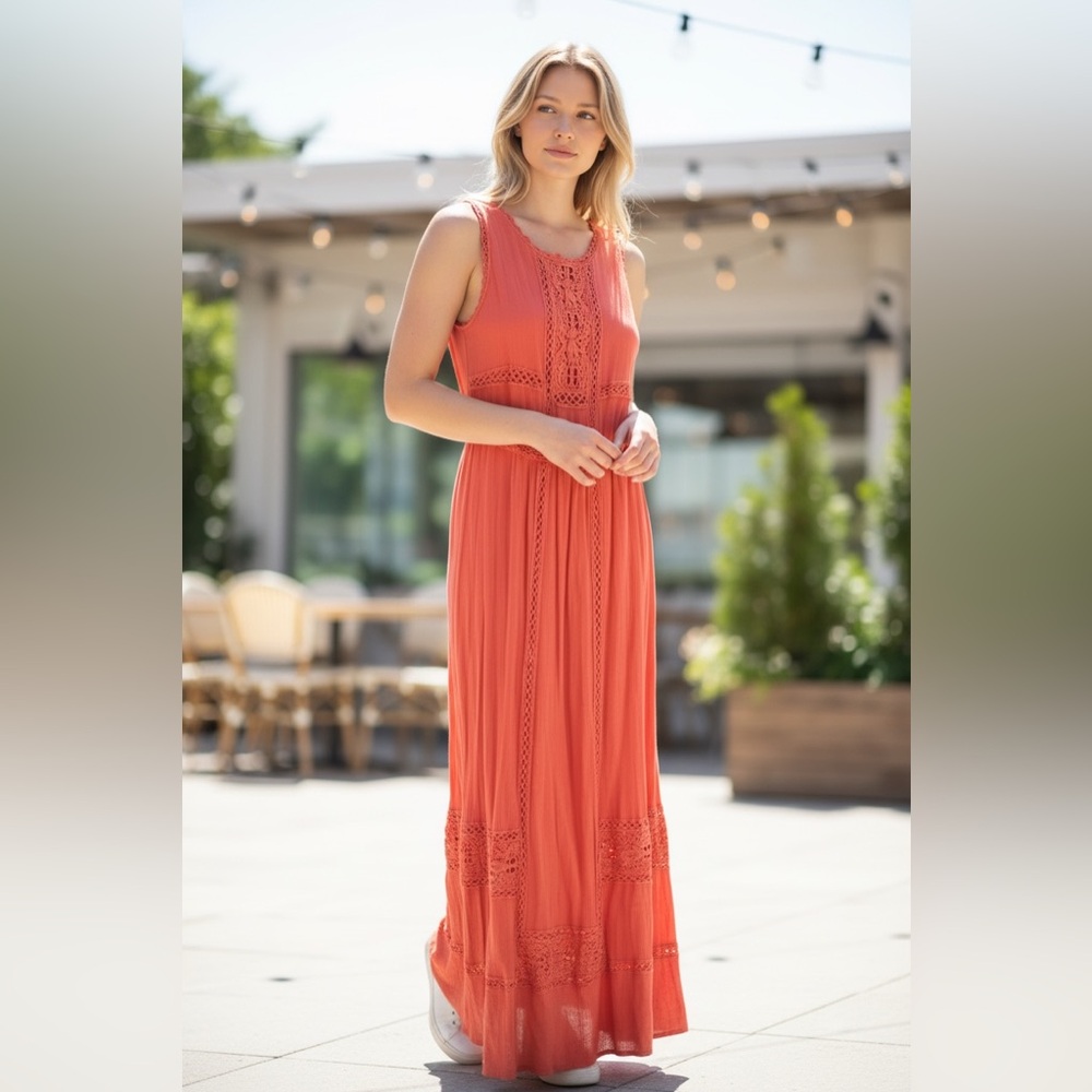 Orange sleeves less Lace Maxi Dress